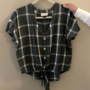 Short sleeve green plaid button up with tie